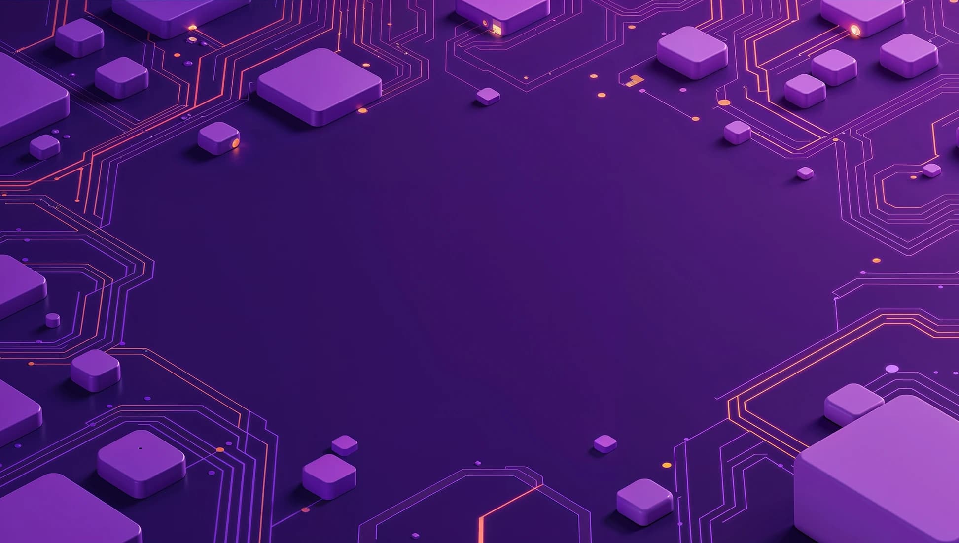 Isometric 3D illustration of AI neural network with purple blocks and orange circuit pathways