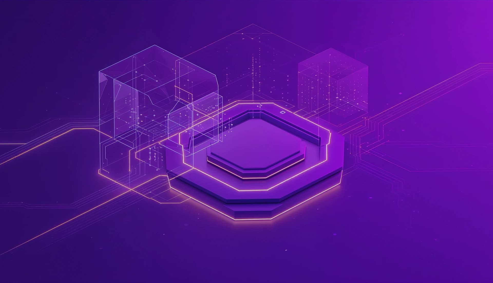 Isometric 3D illustration of hexagonal stacked platforms with translucent cubes and glowing circuit pathways