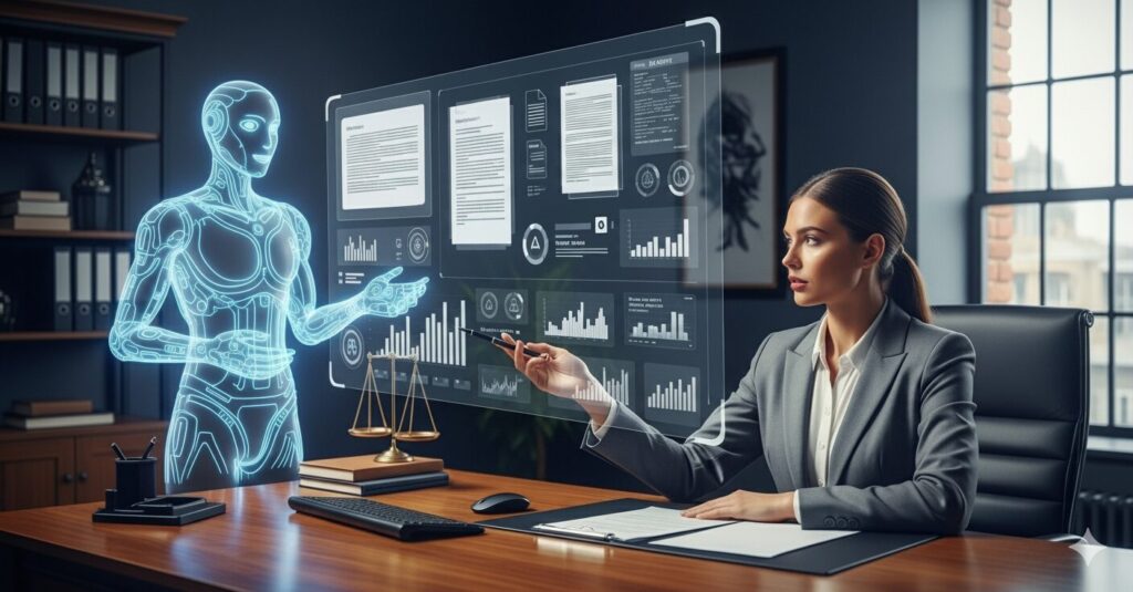 A lawyer points to a holographic screen in her office, which displays charts and legal documents. An AI agent, represented as a blue, glowing figure, stands beside the screen, assisting her.